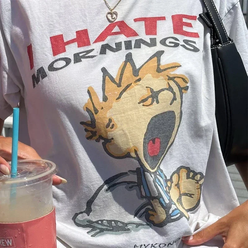 

Футболка женская оверсайз в стиле ретро 90-х, модная уличная одежда с мультяшным рисунком, смешная футболка в стиле хиппи, Y2k, одежда в эстетике гранж