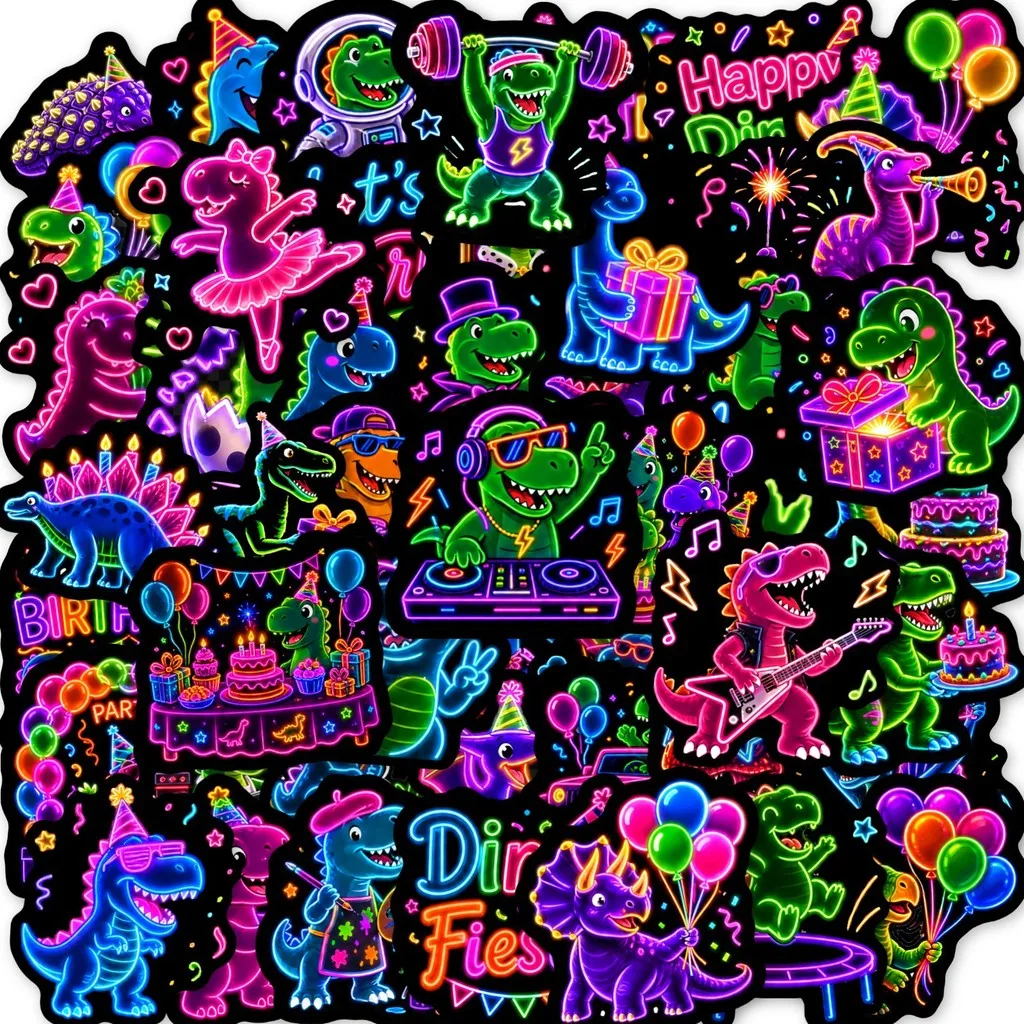 50Pcs Neon Black‑Background Birthday Dinosaur Stickers, Colorful Party‑themed Doodle Decals Golden Memory Stickers Store