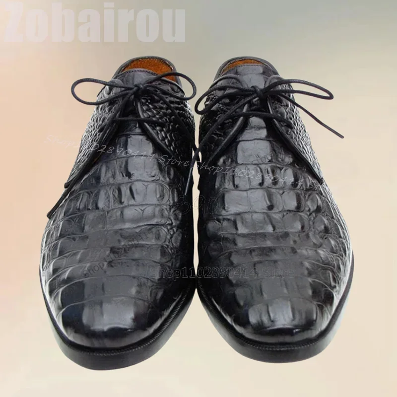 Black Crocodile Print Strappy Men Derby Shoes Fashion Lace Up Men Shoes Luxurious Handmade Party Banquet Office Men Dress Shoes