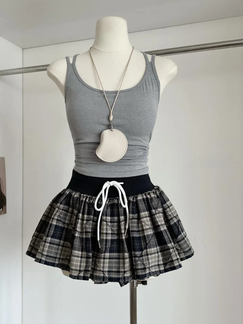Summer New Sweet Spicy Plaid Drawstring Puffy Skirt Short Skirt College Style Design Half Skirt Women's Fashion High Waist A-...