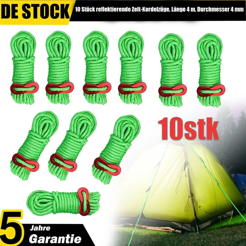 10er-Pack reflektierende Zeltseile – 4 m Länge, 4 mm Durchmesser, grün |   Campingzelt-Zubehör |   Robust & Langlebig