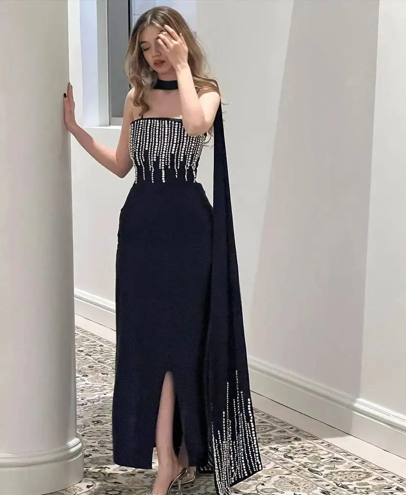 Robe de Soirée de Luxe Noire et Élégante avec Perles pour Femme, Tenue de Bal, Spaghetti, avec Traîne Amovible, Quelle que soit la Tenue de Mariage, 2024