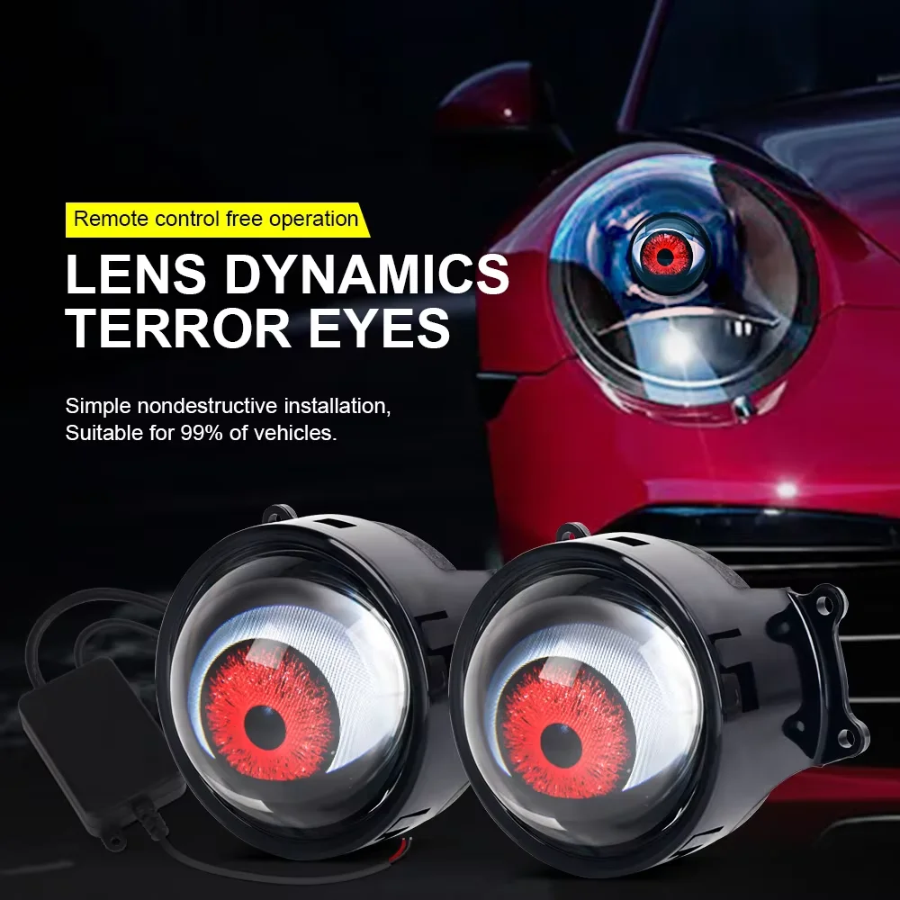 LED Car Dynamic Devil Eye Large Light 3-inch 33 Mode 3D Lens Dynamic Pupils Headlight Car Light Remote Modification Eagle Eye