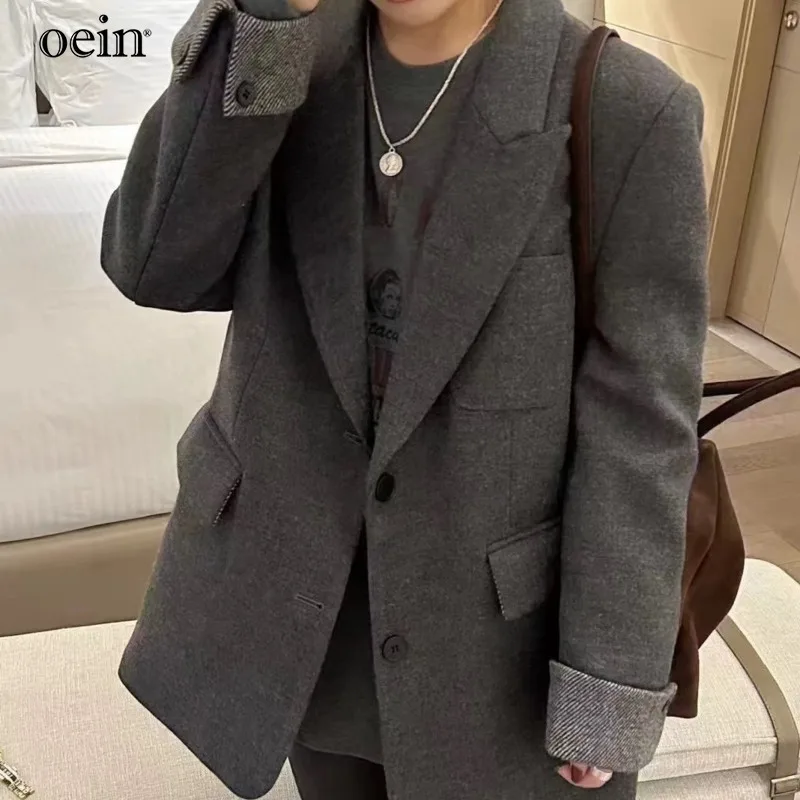 [oein] Gray Lapel Suit 2024 Winter New Style Down Inner Liner Western Woolen Coat Women