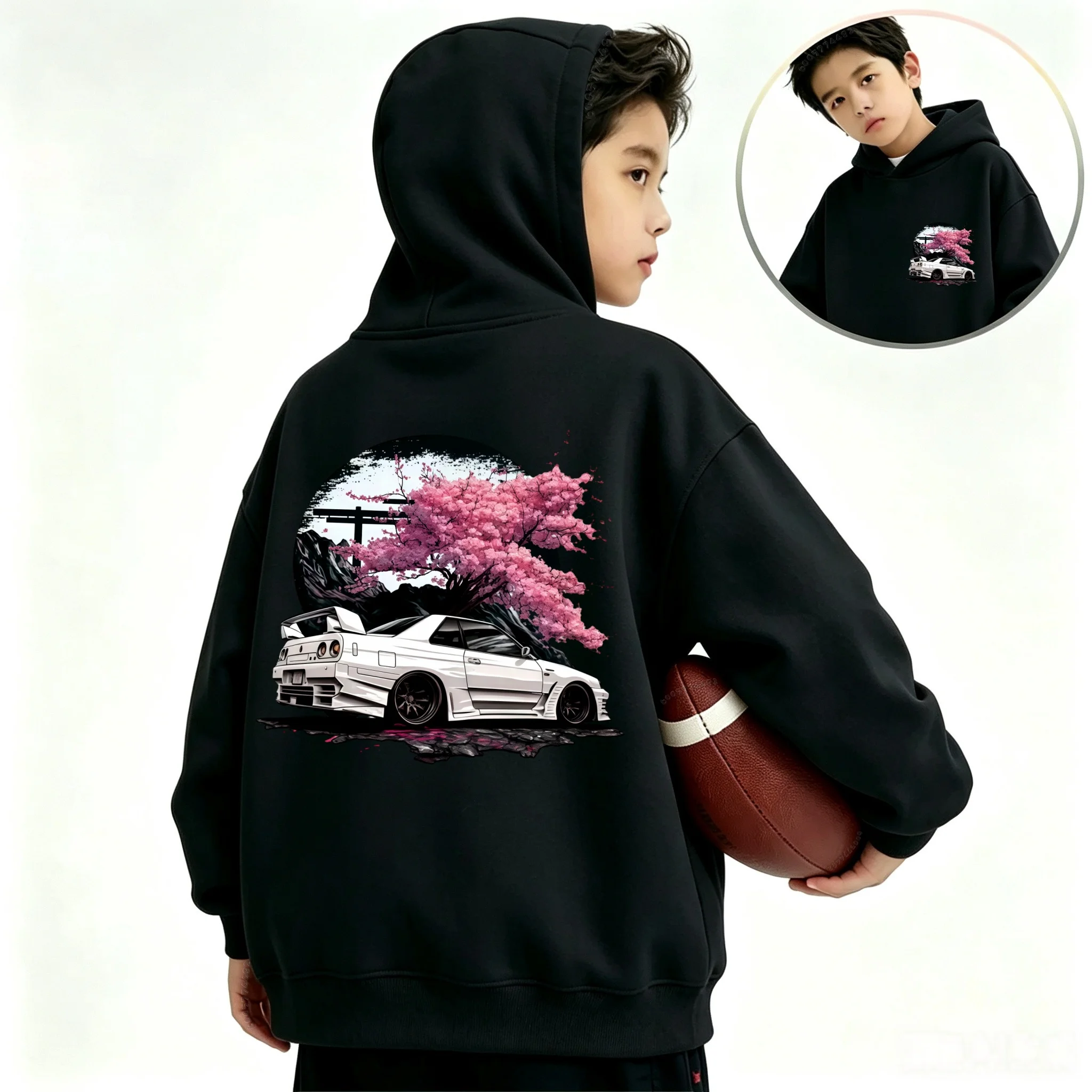 New Autumn Winter Kids Hooded Sweatshirt Japanese Style Sports Car Sakura Front Back Print Boys Girls Streetwear Hoodie