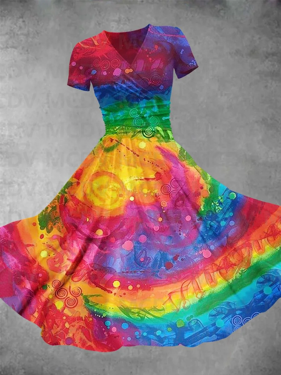 Women's Rainbow Collage Art Maxi Dress 3D Printed Sexy V-neck Dress Female Dresses