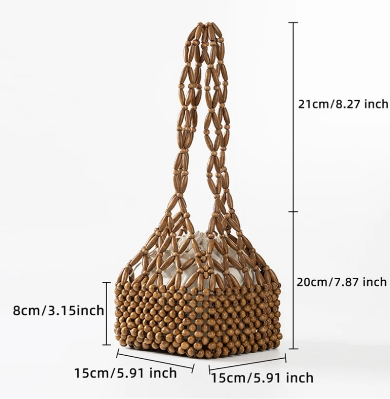 2026 Women Woven Hand Bag Exquisite Design Hollow-out Wooden Bead Tote Bucket Shoulder Bag Female Handmade Beaded Handbag