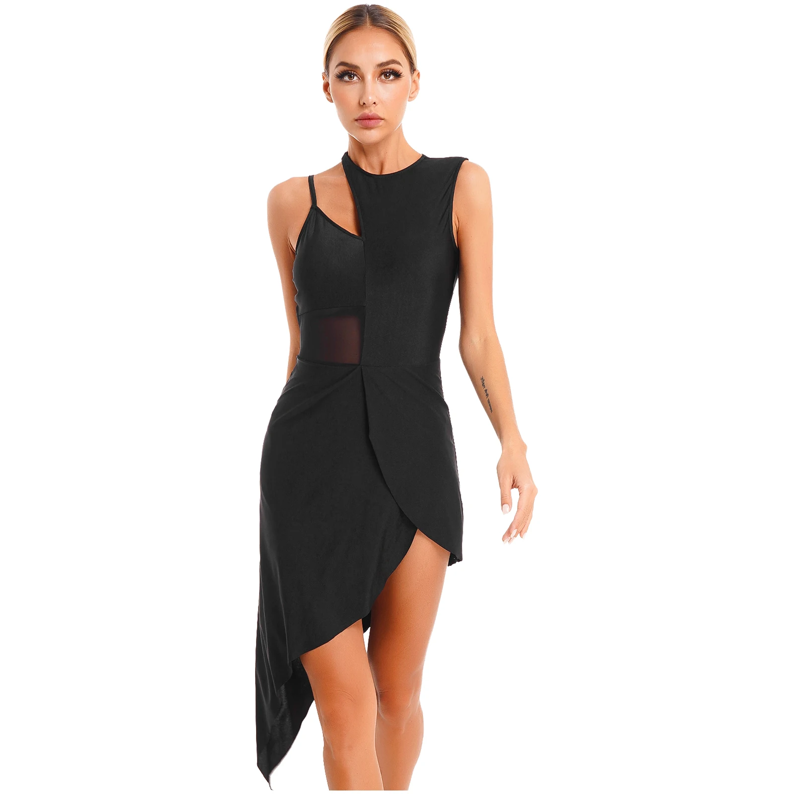 Women Latin Jazz Modern Dance Dress Cha-cha Tango Samba Dancewear Sleeveless Irregular Dress with Full-finger Mesh Gloves Sets