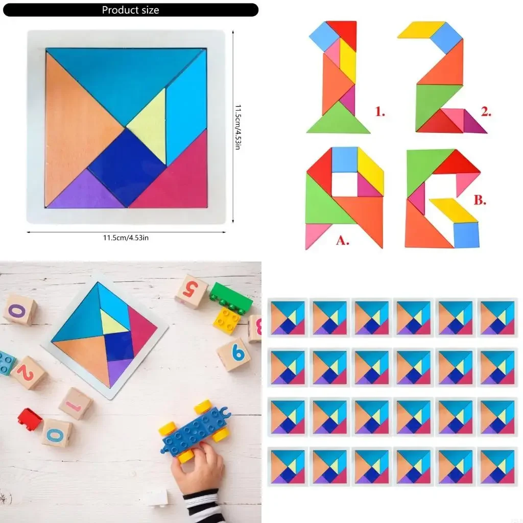 مجموعة ألغاز تانجرام 24 قطعة تعليمية للأطفال لعبة بناء مكعبات خشبية ملونة لتنمية الطفولة المبكرة 15UB