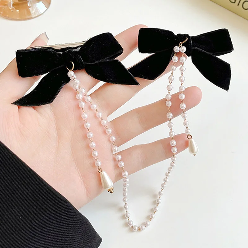 สาวหวานพู่ Vintage Bow Pearl Chain Hairpins ผมหรูหราตกแต่งแถบคาดศีรษะคลิปผมสําหรับผู้หญิงแฟชั่นอุปกรณ์เสริมผม