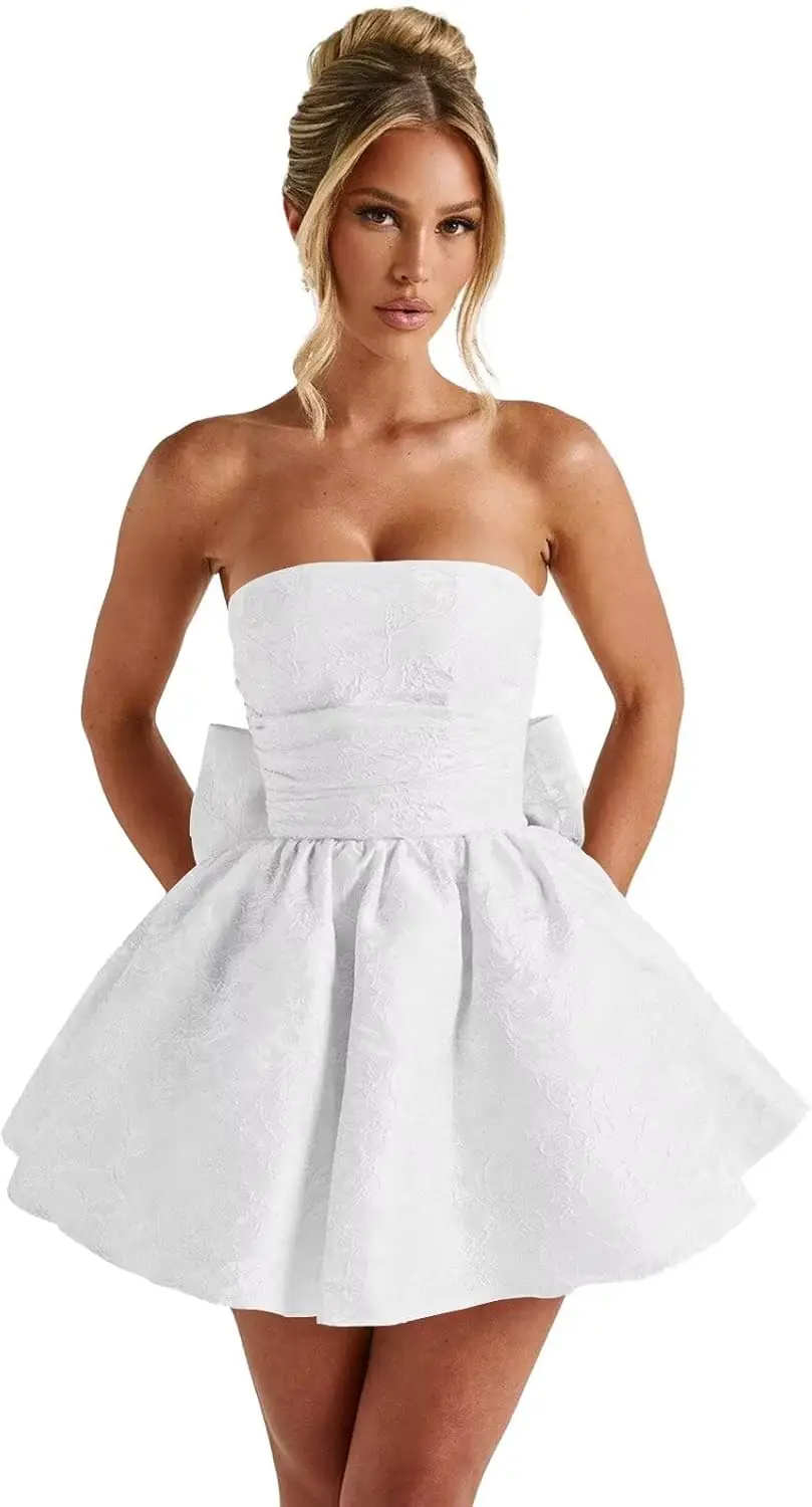 

Короткие жаккардовые атласные платья без бретелек для встречи выпускников для подростков 2025 Мини-платья для торжественных вечеринок с бантом Женское коктейльное платье