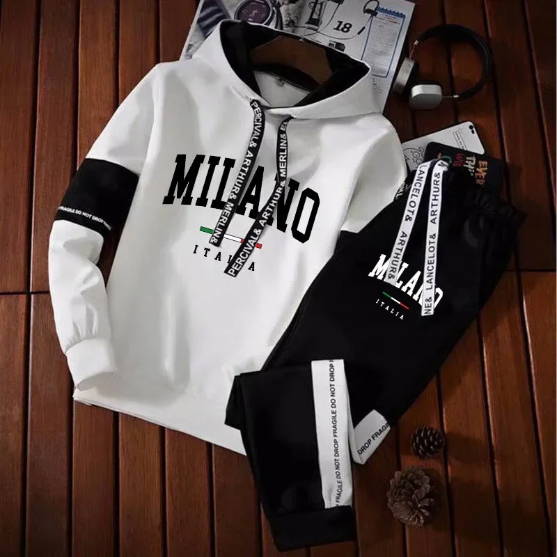 Men Milano Letters Print Sweatshirt Set Hoodies Sweatpants Tracksuit Design Outfits Jogger Suit Male Pullover Luxury Streetwear