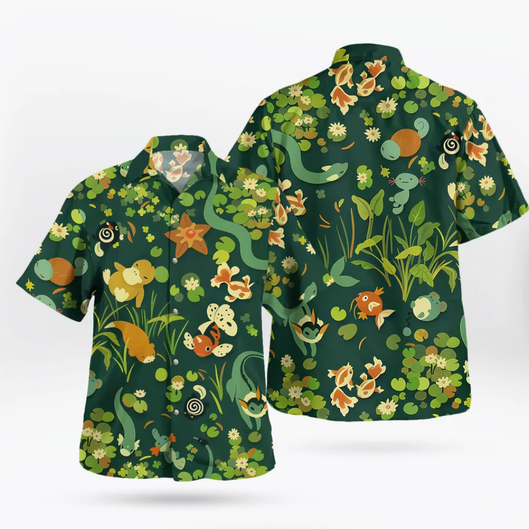 Japanese Healing Pond Cartoon Printed Flower Shirt for Both Men and Women, Summer Loose Collar Vacation Casual Cardigan Top