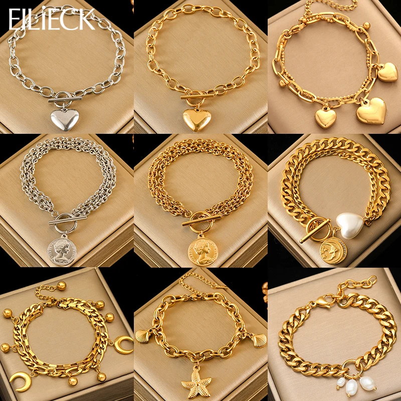 EILIECK Neues modisches Armband mit Herzanhänger aus Edelstahl für Damen, trendige Armbandkette in Gold- und Silberfarbe, Schmuck, Geschenk für Damen