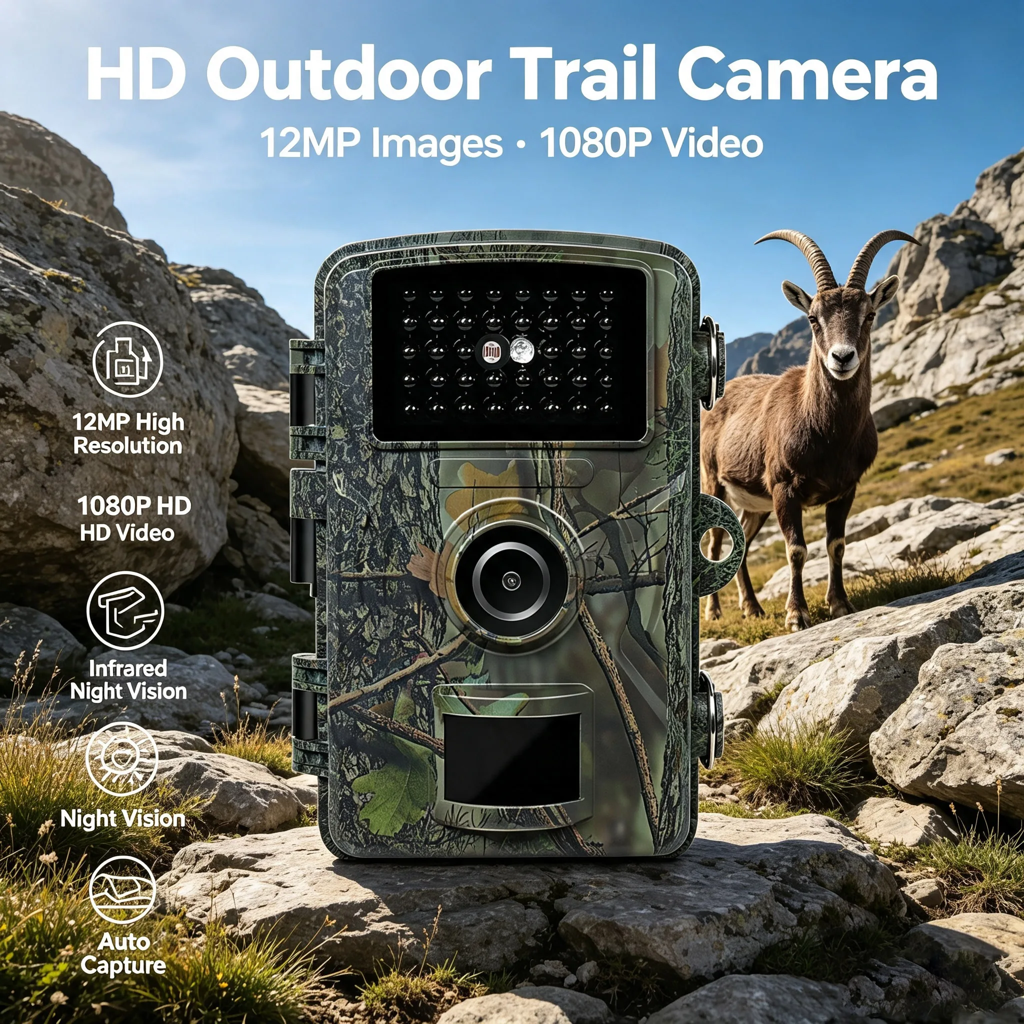 12MP 1080P infrared night vision camera, automatic sensor triggering, built-in display, 0.8S triggering speed, suitable for wildlife observation and security monitoring