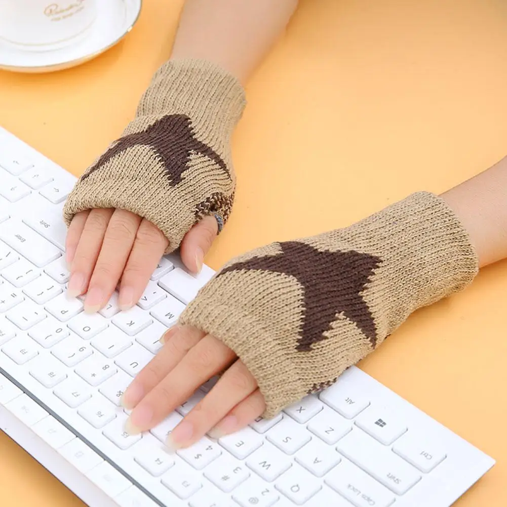 Fashion Warm Pentagram Knitted Fingerless Winter Gloves Soft  Wool Knitting Arm Flexible Hand Gloves Warmer for Men Women