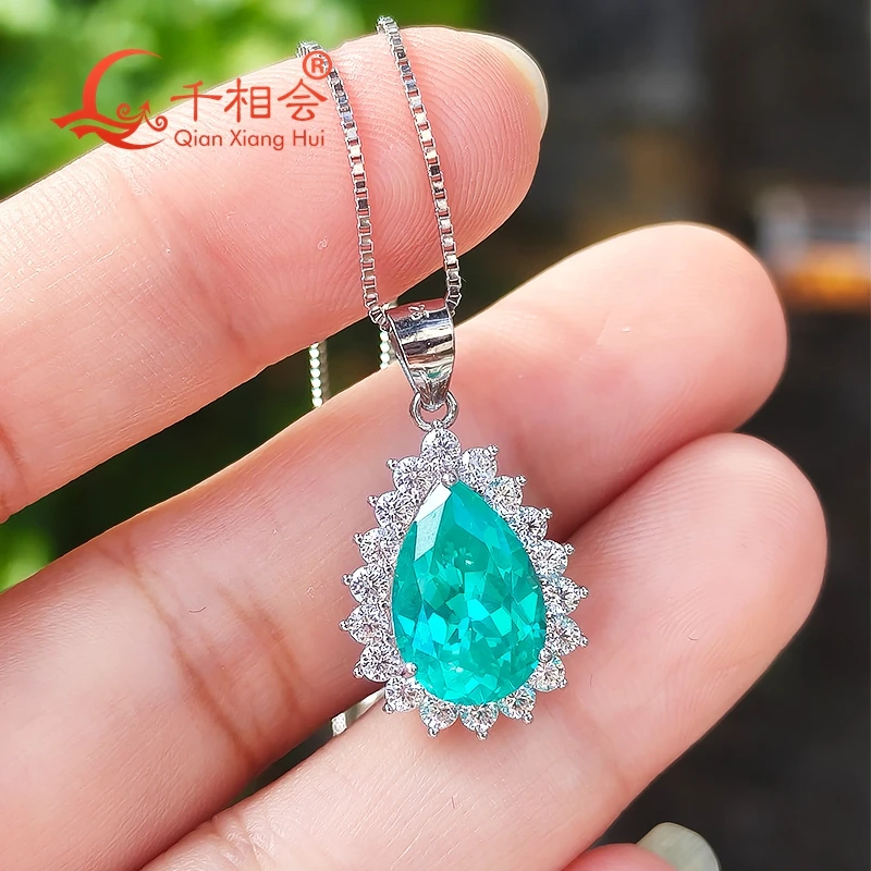 

925 Silver Lab Grown Created Inclusions Paraiba color YAG Pear Shape 8x12mm / white moissanite halo Jewelry Pendant Necklace