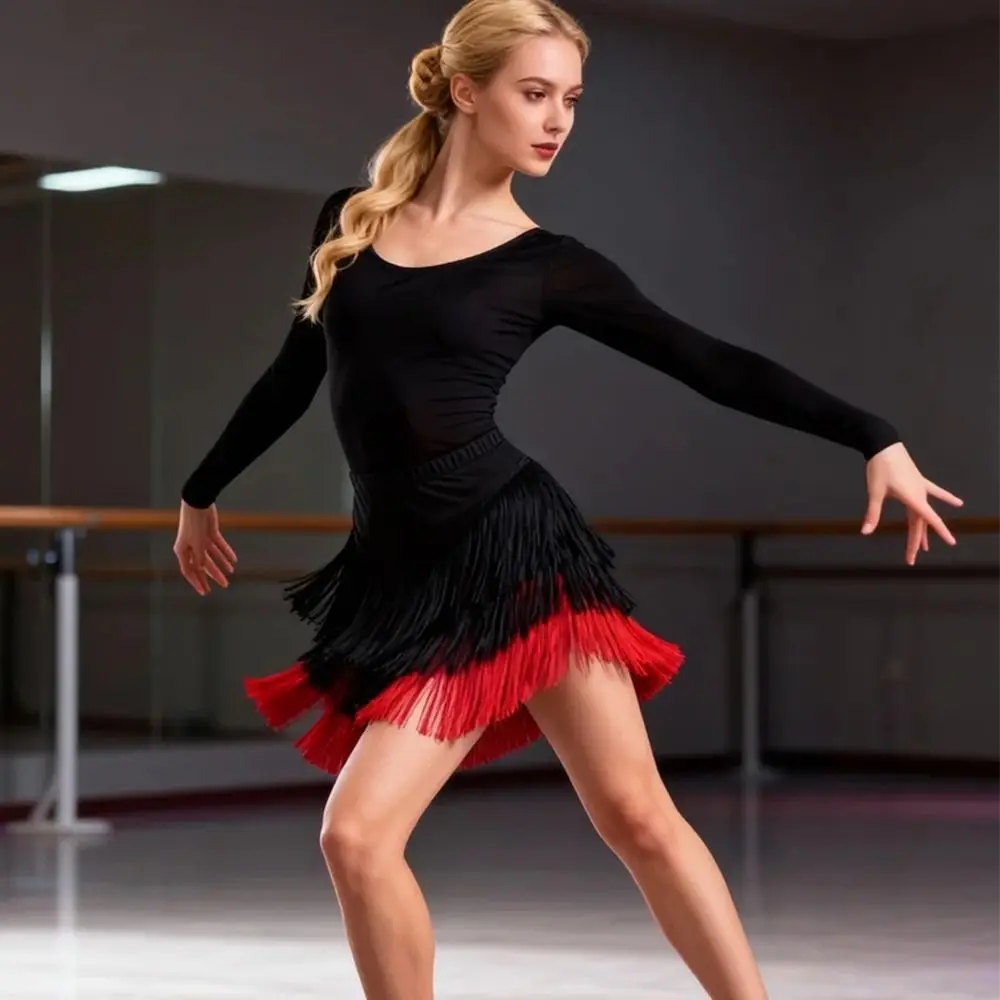 Kwastje Latin Dans Rok Kort Toneelkostuum Ballroom Dans Rok Verstelbare Chacha Danskleding Rumba Dansrok voor Dames