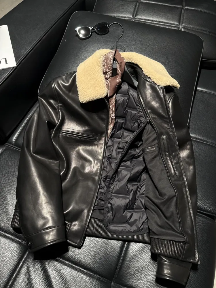 Fashion Male Winter Real Fur Motorcycle Coat Zipper Slim Fit Windproof Thick Warm Casual Punk Sheepskin Genuine Leather Jacket