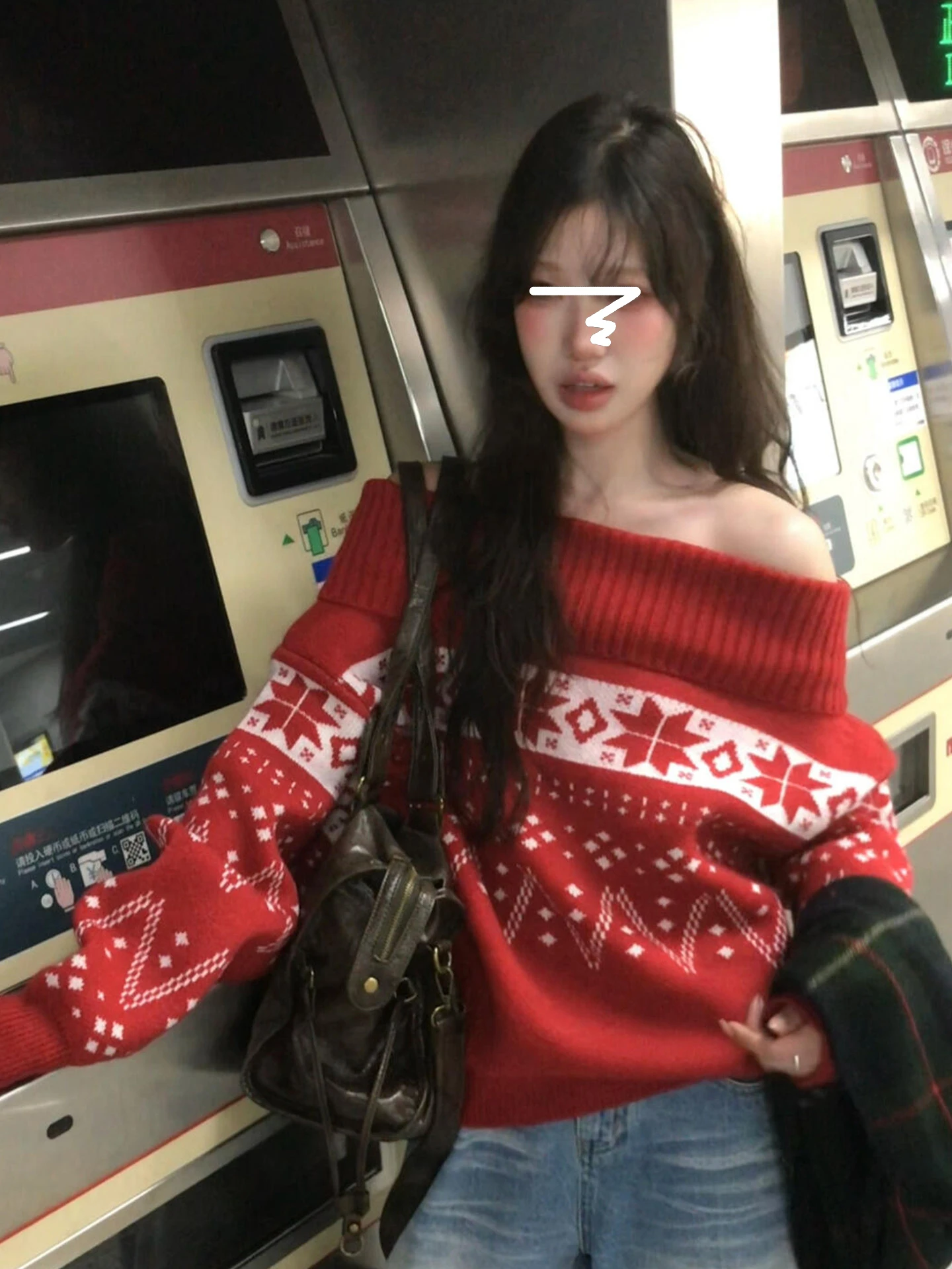 

Red One-oulder Knitted Sweater Women's Soft Cozy Retro Sle Long Sve Top for Commuting And Daily Wear by Feilao Island