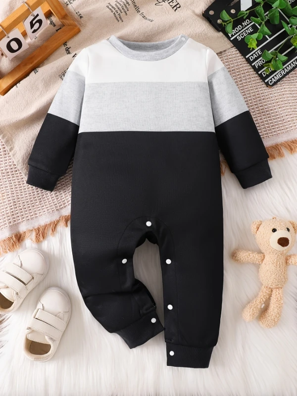 Spring and autumn style round-neck contrasting color long-sleeved open-crotch jumpsuit for baby boys and toddlers