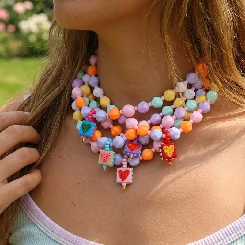 Bohemian Style Irregular Cut Bead Drop Oil Collision Color Sweet Heart Block Pendant Necklace Fresh And Delightful Resin Craft