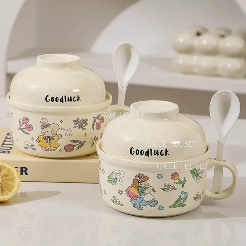Cute Cartoon Ceramic Bowl with Lid and Spoon Goodluck Pattern Breakfast Cup with Handle for Soup Oatmeal and Noodles
