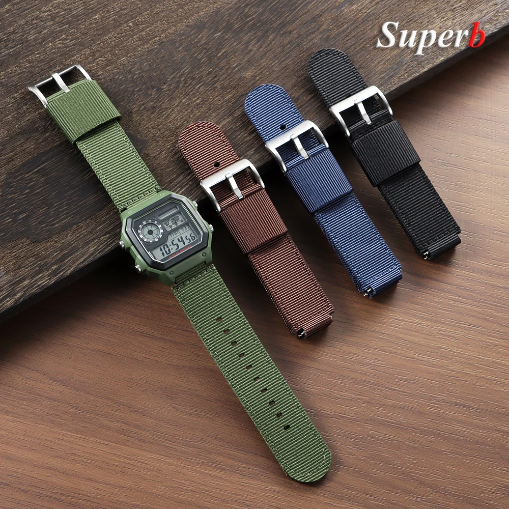 สายนาฬิกาไนลอนขนาด 16 มม. 18 มม. สำหรับนาฬิกา Casio AQ-S800 GA100 GA2100 F-108 DW6900 MRW-S300 AE-1000 GA-700 W-218H สายผ้าแคนวาสแบบสปอร์ตสำหรับผู้ชาย