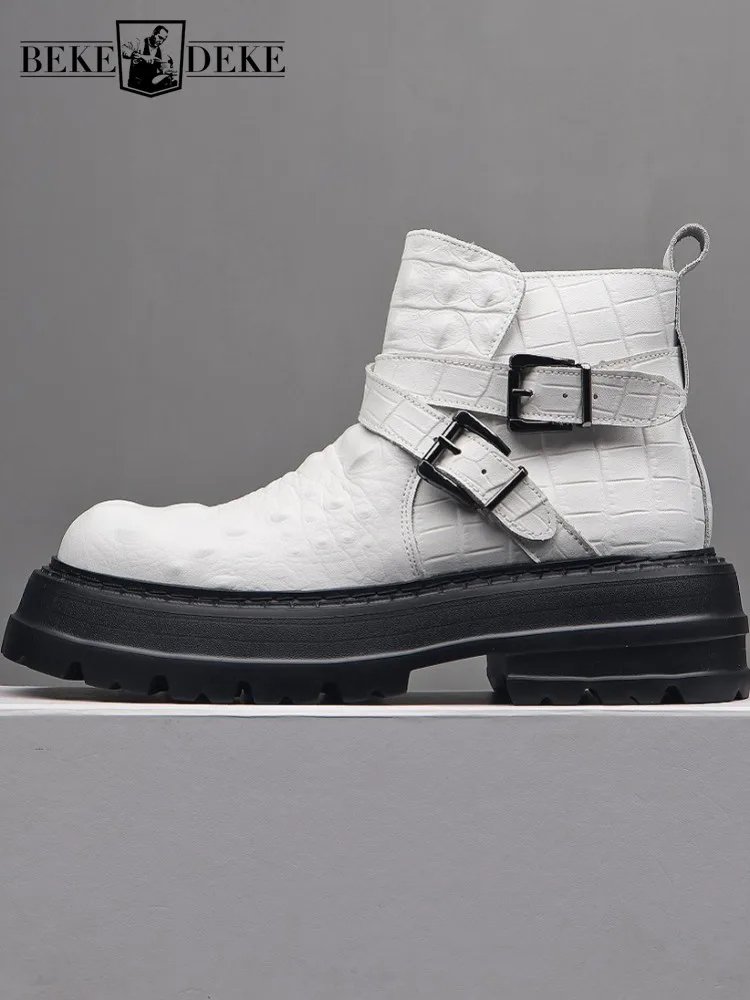 Mens Boots Genuine Leather Leisure Trend Platform Mens Shoes Round Toe Cowhide Zipper Fashion Handmade Comfortable High Quality
