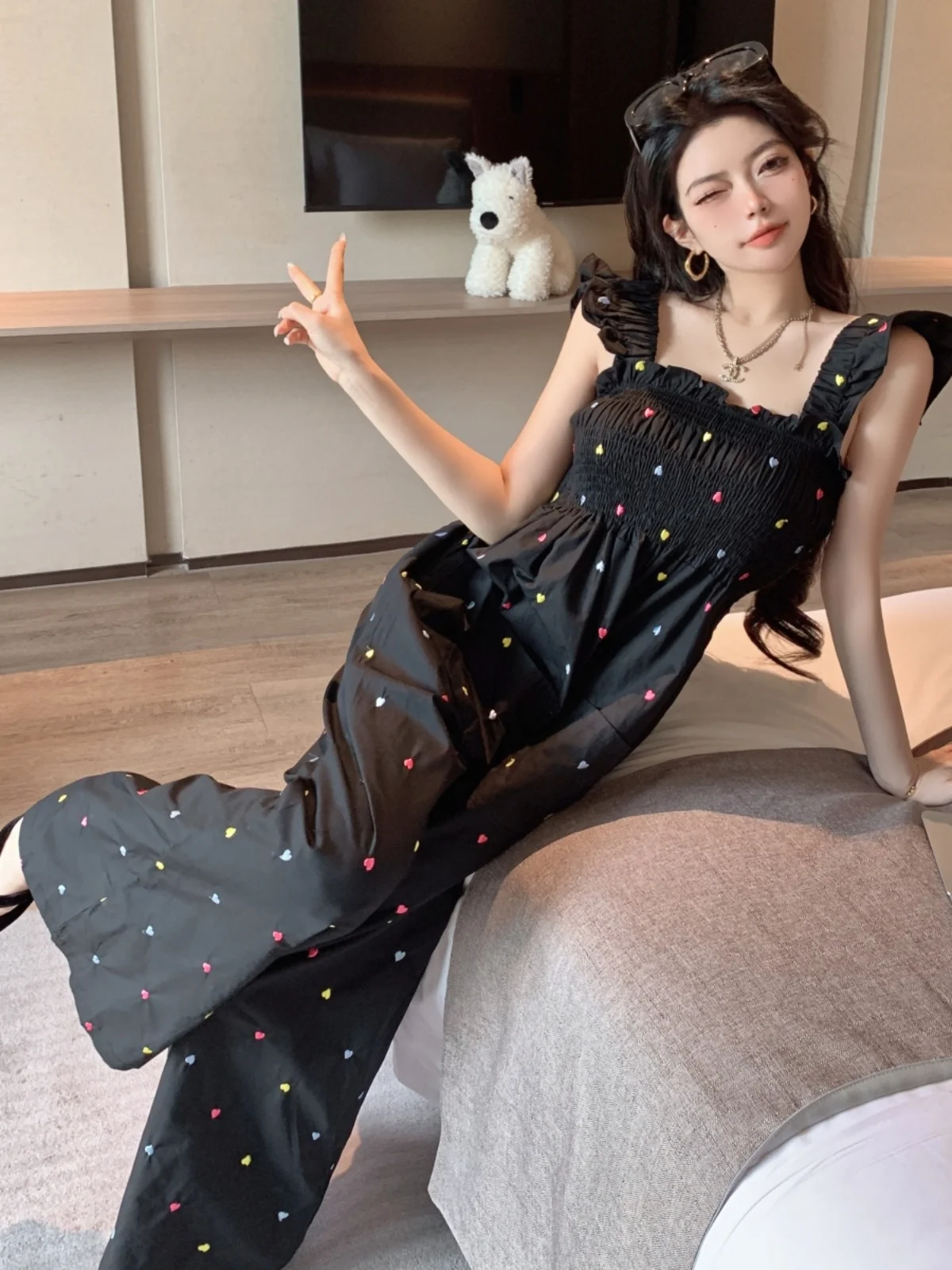 Retro Sweet Gentle Embroidered Heart Small Flng Sve Jumpsuit Set Women Casual Straight Leg Overalls Summer High Waist Lo...