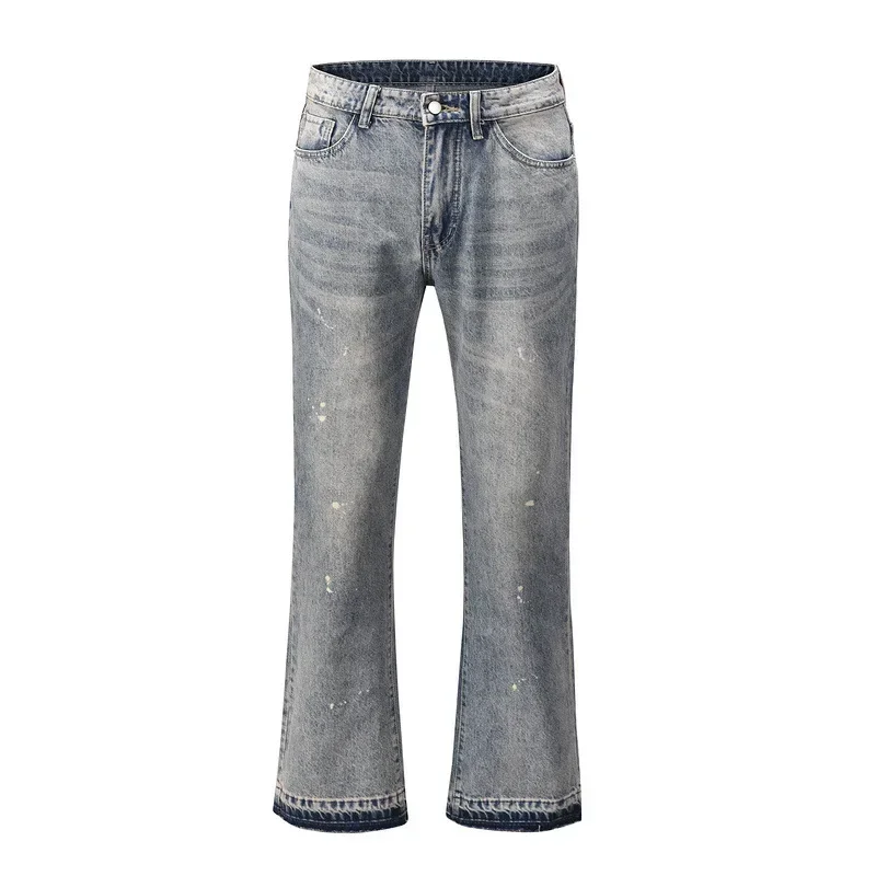LIBIELIY Four Seasons Men's Casual Trendy American Vintage Splashed Ink Flare Pants Daily Washed Denim Boot Cut Trousers Street