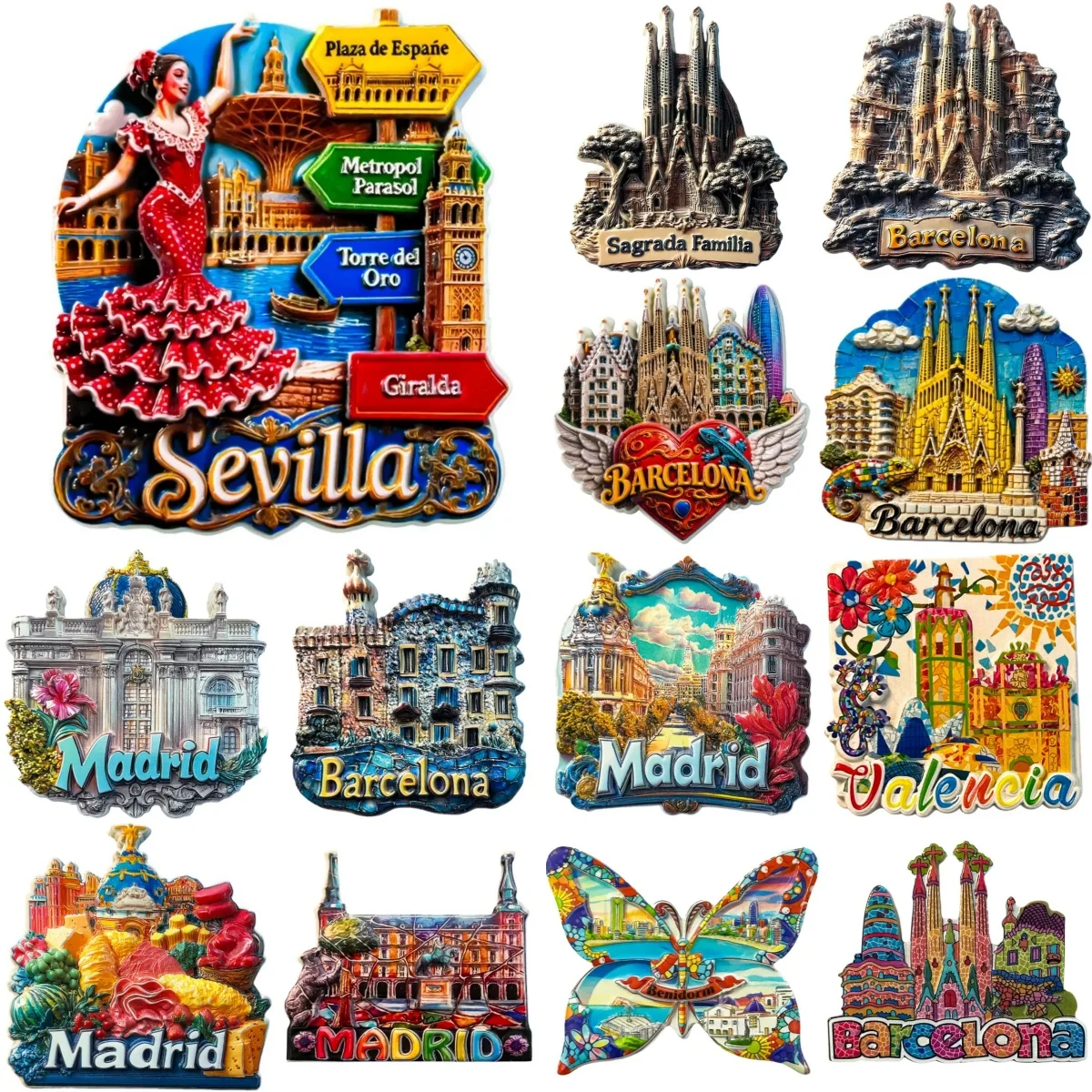 Imán de Resina 3D para Refrigerador con Diseño de España, Barcelona, Madrid, Sevilla, Valencia, Recuerdo de Viaje, Decoración para el Hogar
