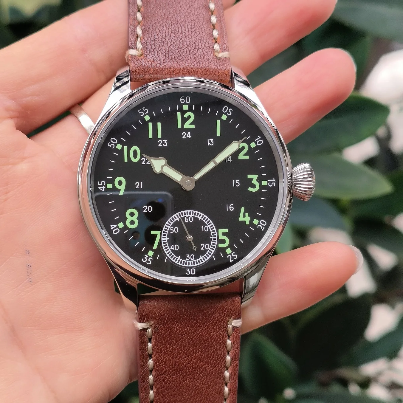 no logo 41mm 316L stainless steel case Black dial green number luminous Mechanical Hand Wind watch Sapphire or mineral glass