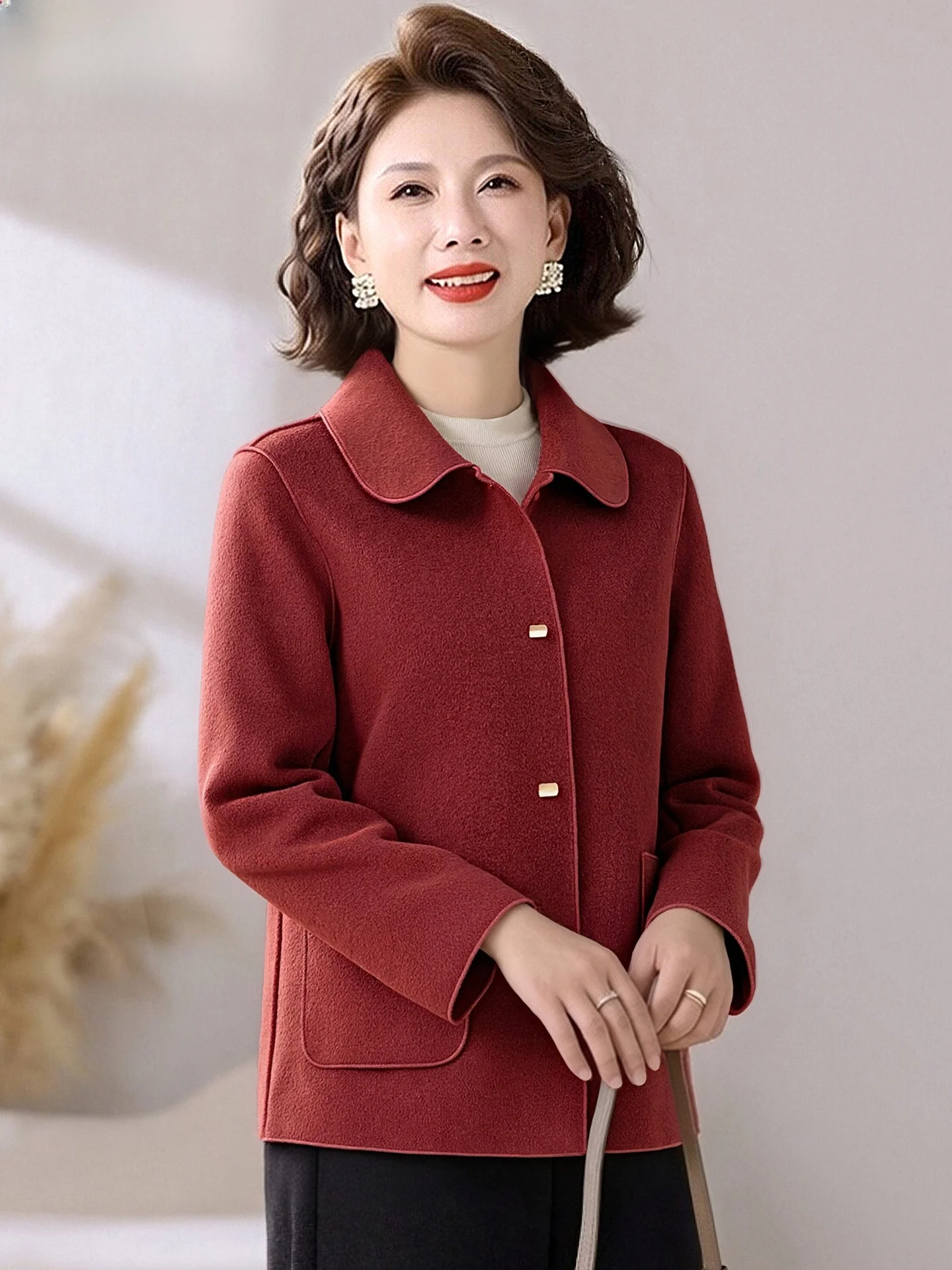 

Double-Faced Woolen Coat Mom Spring Faion s And Pears ape Loose Fit Single Button Pure Color Korean Sle Women's Ja...