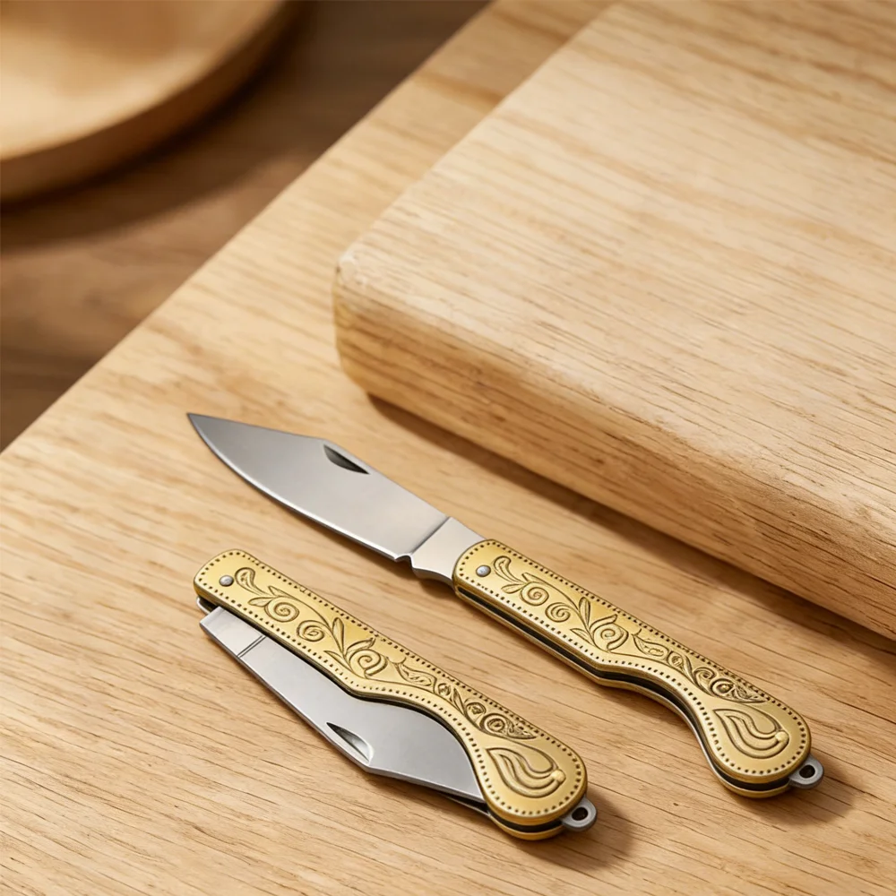 Stainless Steel  Floral Engraved Brass Foldable Mini Pocket Knife Portable Lightweight Hand Cutting Knife for Picnic & Handcraft