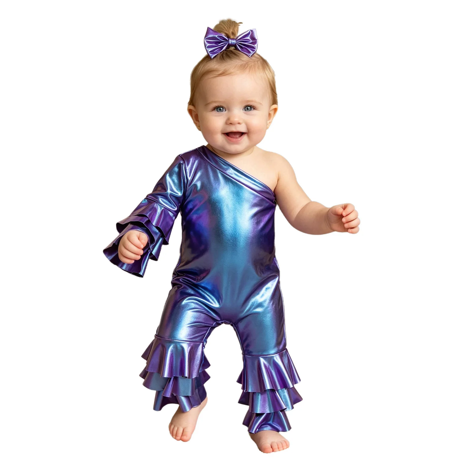 Toddler Baby Girls Metallic Rompers One Shoulder Tiered Ruffle Bell-bottom Jumpsuit for Birthday Party Performance Photography