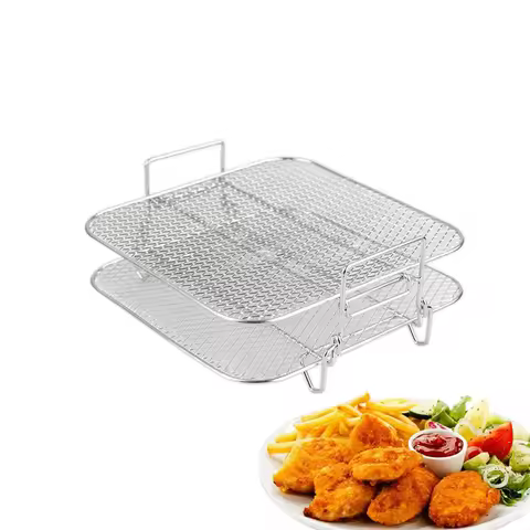 2-Layers Air Fryer Rack Stainless Steel Stackable Grid Grilling Rack Basket for 5-6.8QT Air Fryer Oven Steamer Cooking BBQ Tool