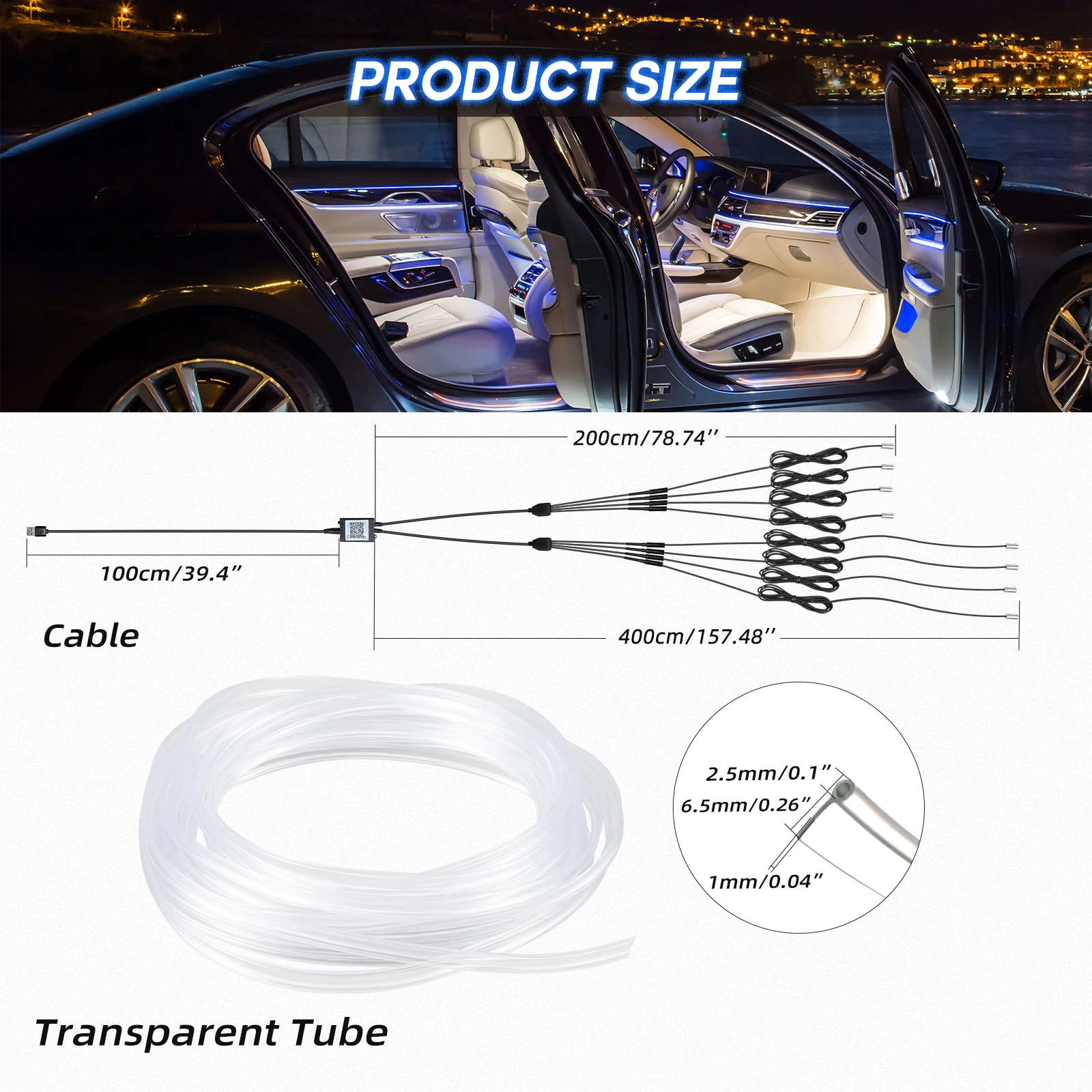 BEVINSEE 6M 8M 10M RGB LED Glasfaser-Lichtstreifen-Set, Mehrfarbige Auto-Innenraumbeleuchtung, APP & Fernbedienung, Universelle Auto-Ambientebeleuchtung