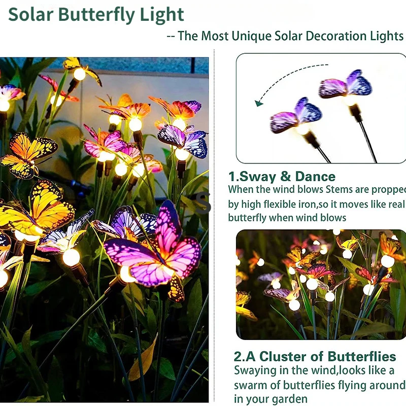 Impermeável LED Solar Power Lights, Borboleta Luzes de Gramado, Paisagem ao ar livre, Jardim Decor Lamp, 6-10