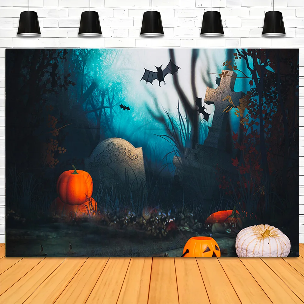 Halloween Backdrop Full Moon Scary House Night Castle Graveyard Forest Bats Pumpkin Lantern Spooky Photography Background  SJ-8