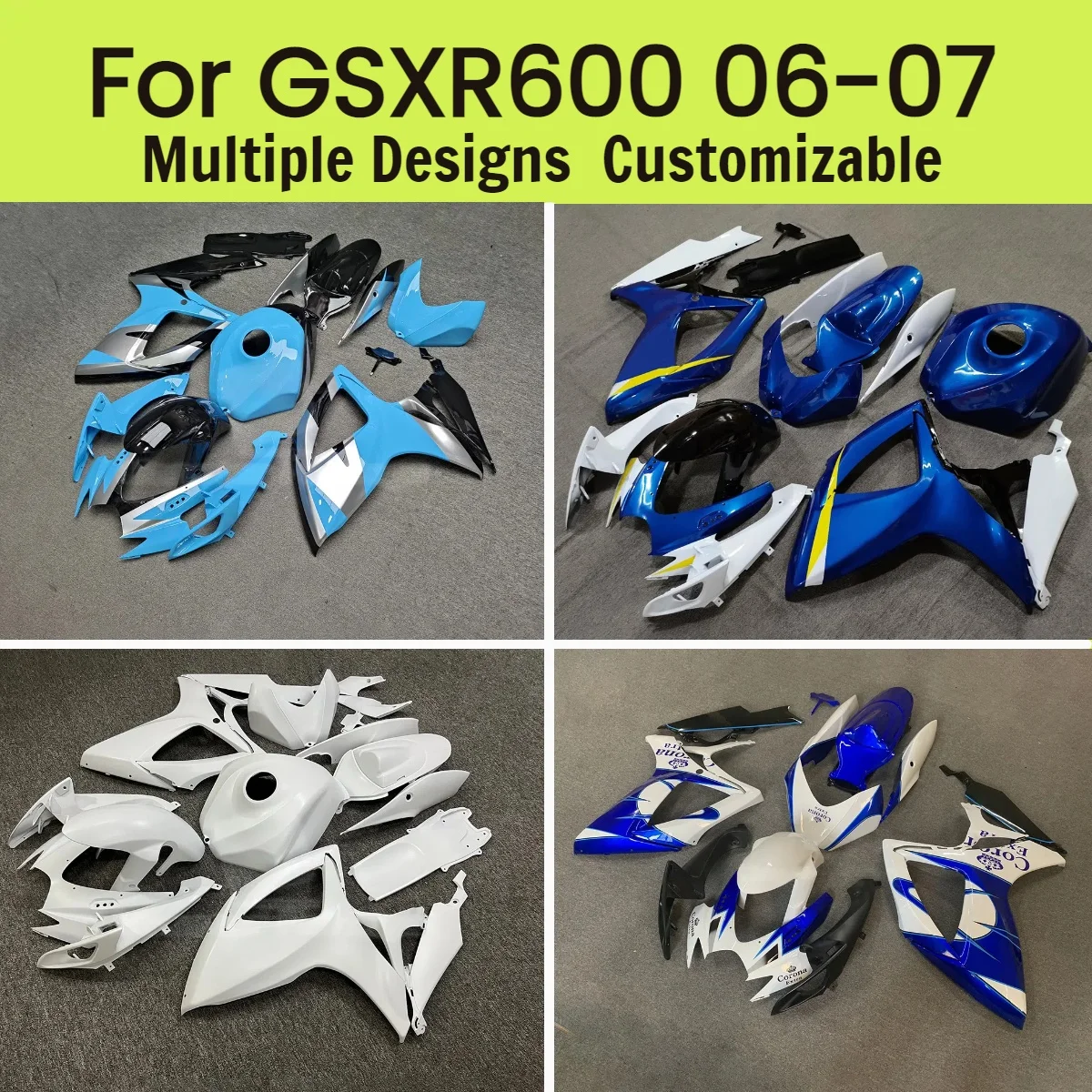 

GSXR600 GSXR750 2006 2007 Комплект обтекателей для мотоцикла для GSXR 600 750 06 07, белый, синий, ABS, комплект впрыска, обтекатели, подходят