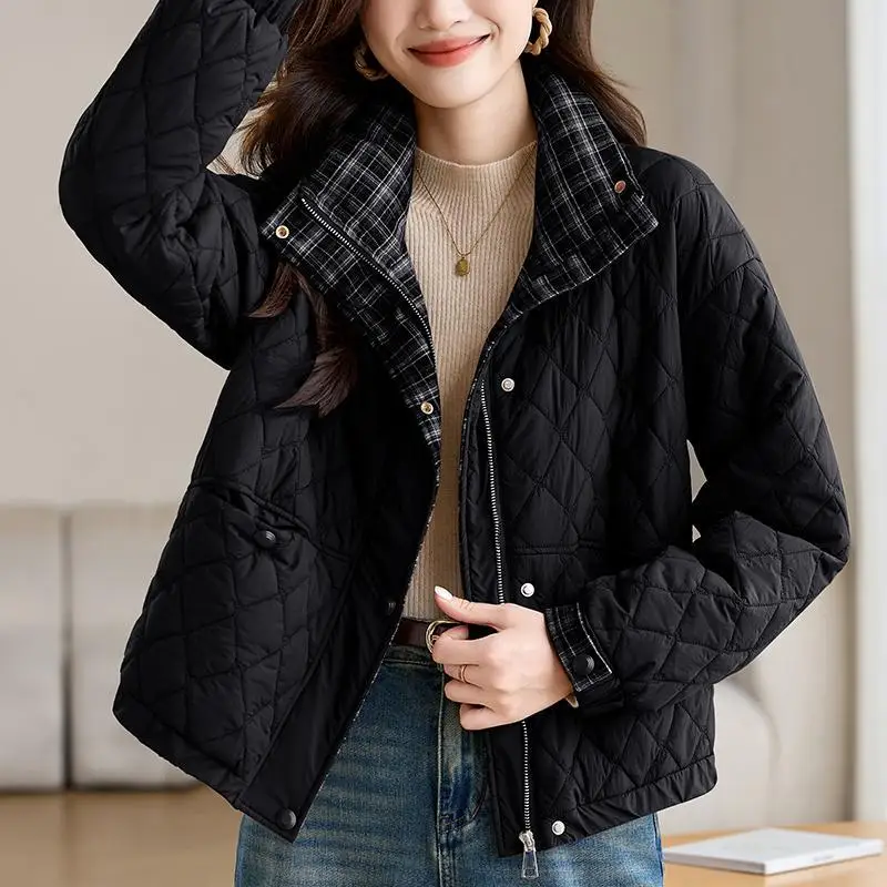 Women's Clothing Fashion Stand-up Collar Diamond Pattern Thin Cotton Coat Autumn Winter Loose Fit Warm Outerwear Cotton Coat