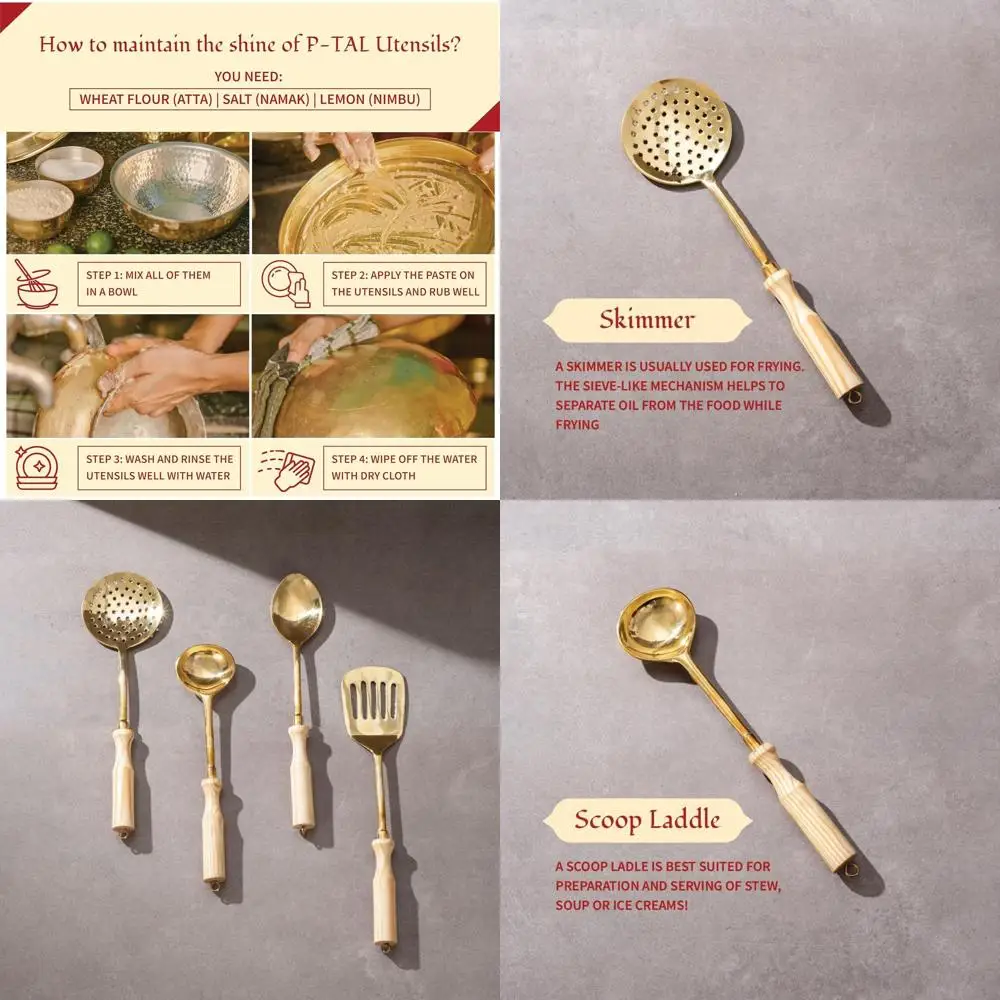 

Set of 4 Kitchen Brass Tools: 7 Serving Ladle, Skimmer, Spatula, and Spoon