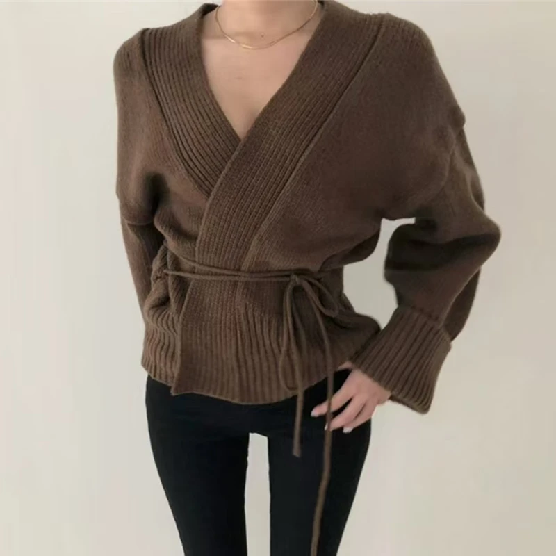 V-neck Short Knitted Cardigan Women Fall Winter Casual Loose Tied Long Sleeve Sweater Jacket 2 Colors