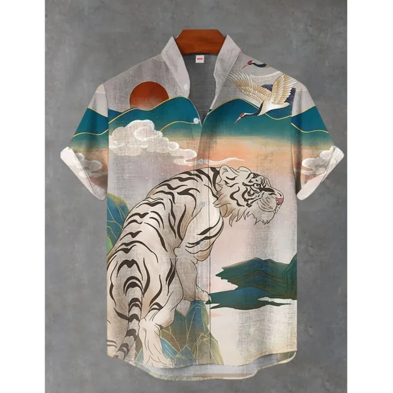 

2025 New men's Linen Shirt 3D Printed Shirt men's Casual Short Sleeved Top Fashionable men's Lapel Button Up Shirt