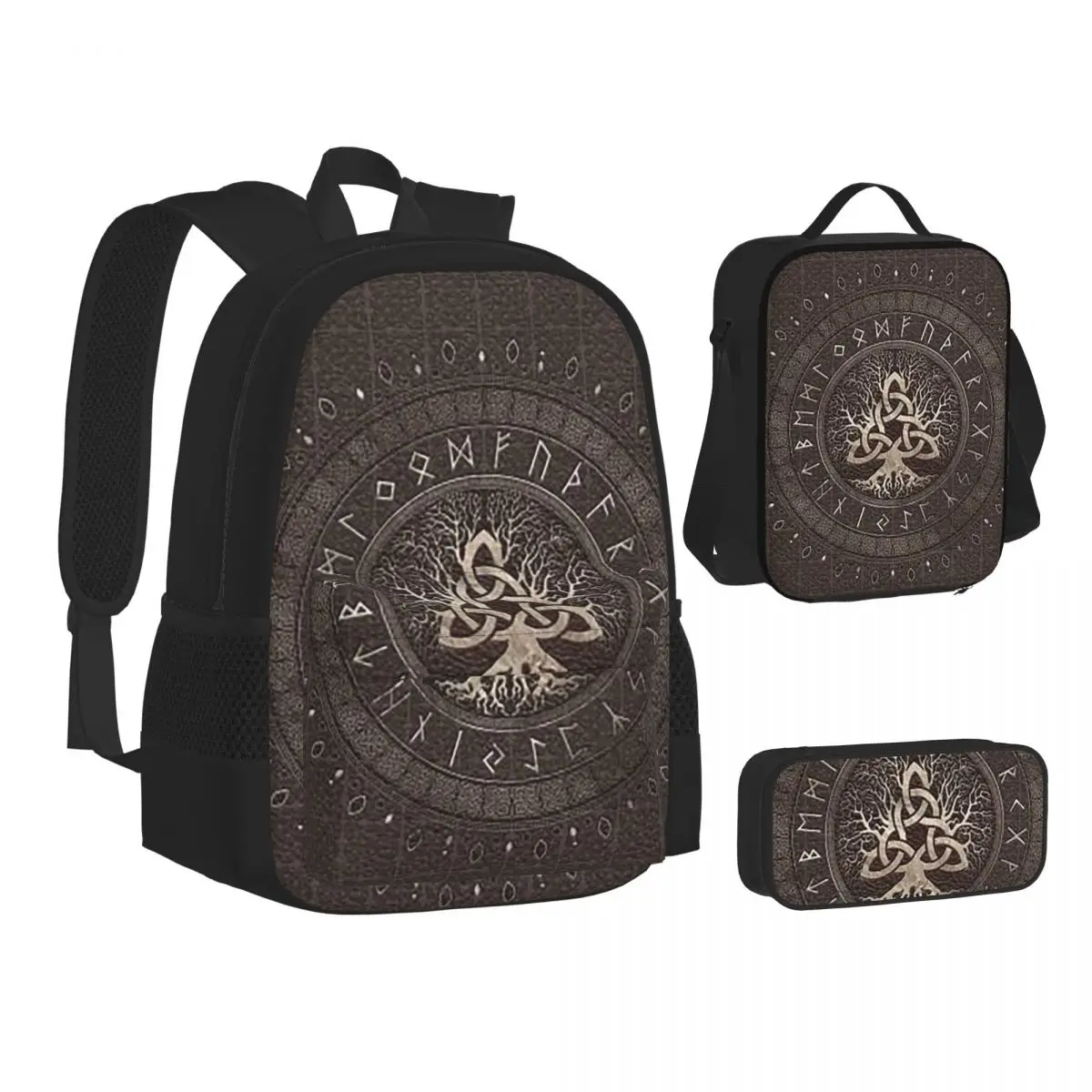 

Tree Of Life With Triquetra Brown Leather And Gold Backpacks Bookbag School Bags Kids Rucksack Lunch Bag Pen Bag Three-Piece Set