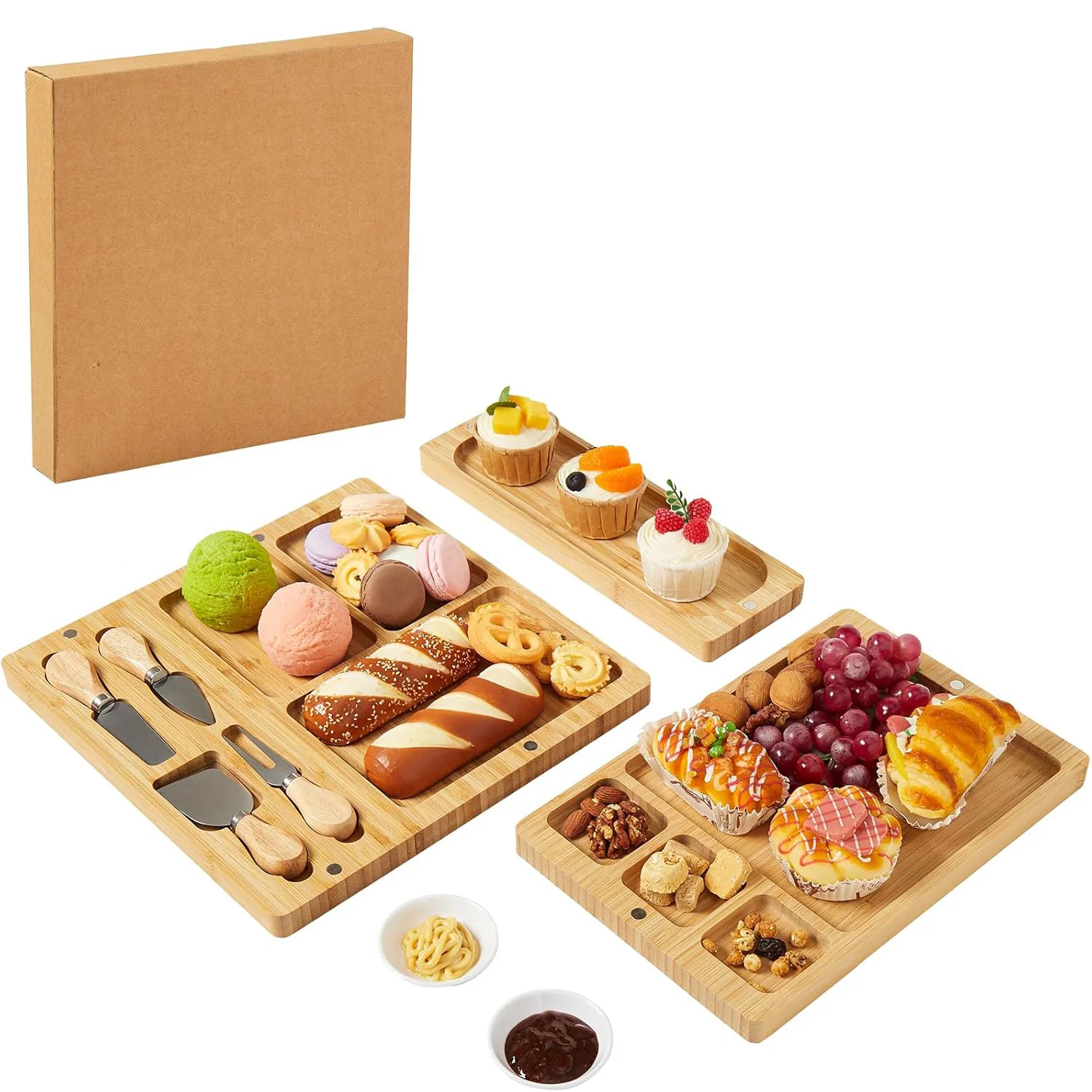 

Набор бамбуковых тарелок из 3 предметов, большая бамбуковая доска для сыра с набором ножей, разделенный поднос, прямоугольное блюдо для закусок, закусок, десертов