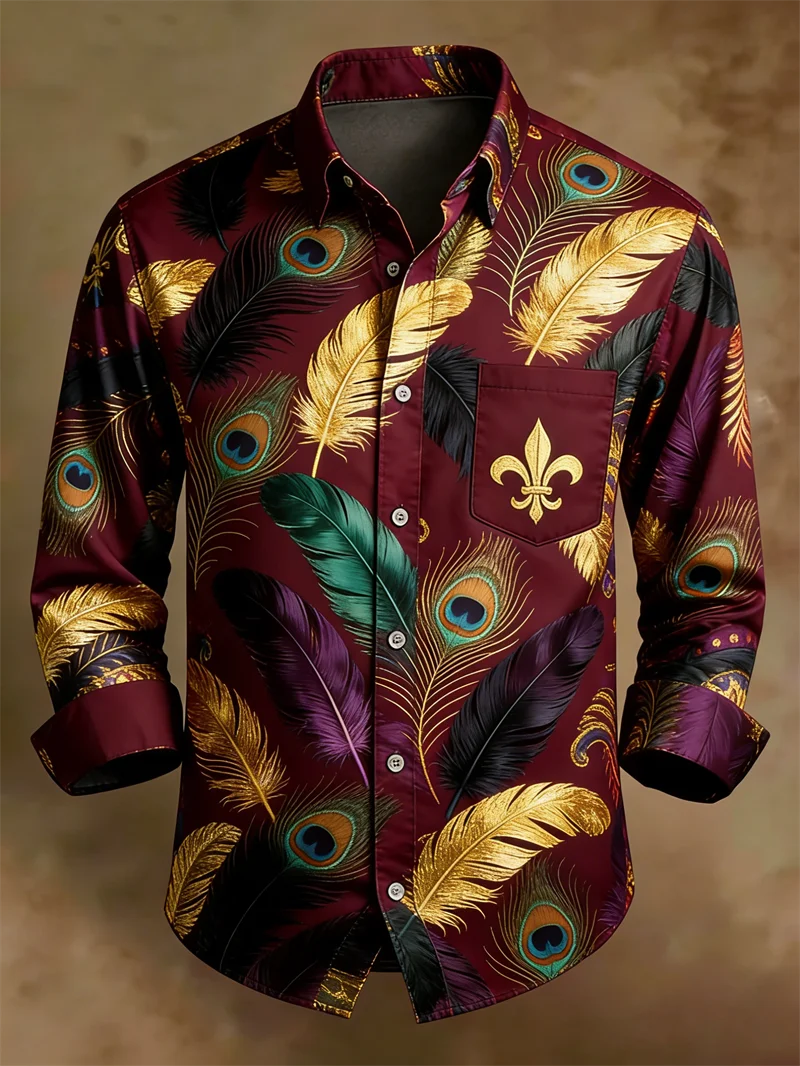 New men's Long Sleeved Shirt Casual Fashion 3D Feather Print high-quality Shirt Single Breasted Long Sleeved Top
