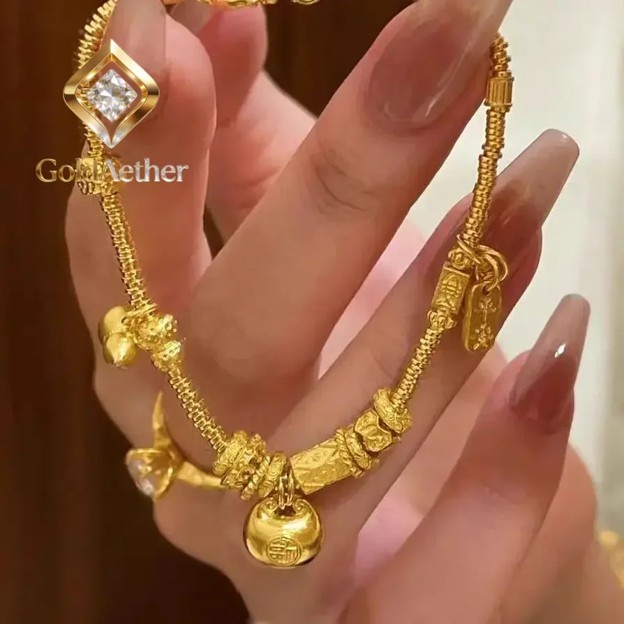 GoldAether Little Pangfu Gourd Dishes Bracelet 9999 24K Real Gold Women's Light Luxury Retro Versatile Dishes Bracelet Handle De