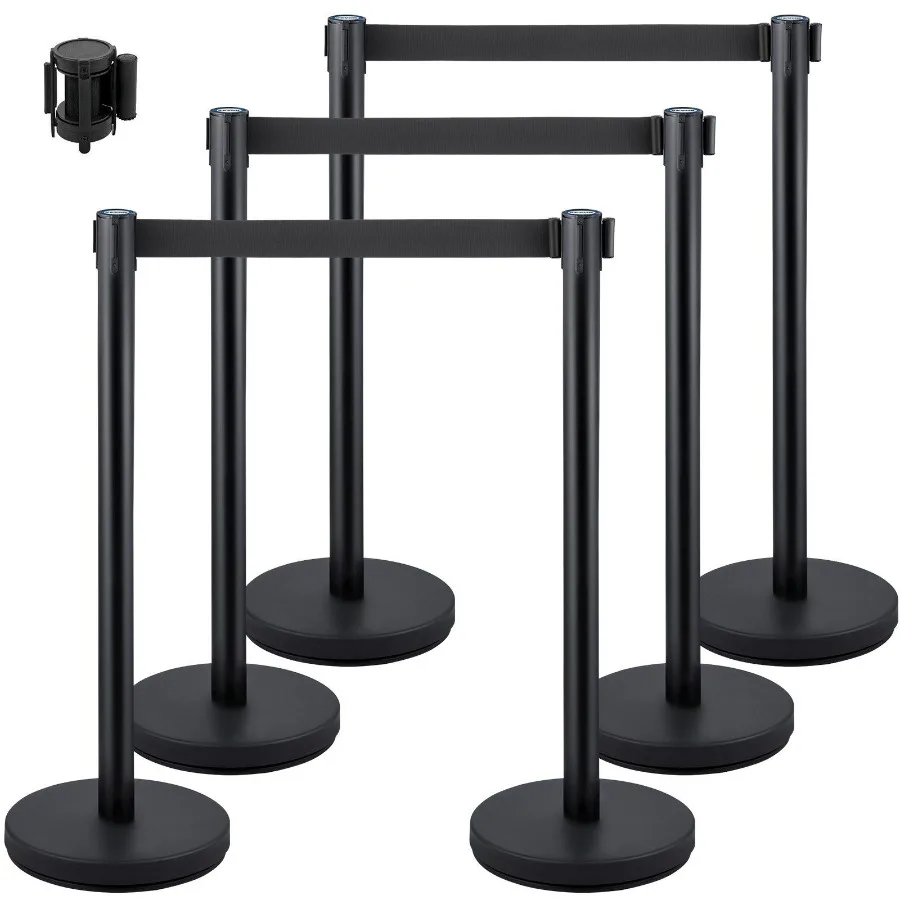 

6 PCS Black Stanchion Posts Stainless Steel Stanchion Queue Post Black Belt Retractable 36In for Both Indoor and Outdoor use.